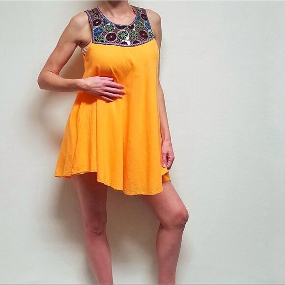 TEN Design Neon Tangerine Sequin Floral Embroidered Trapeze Dress Small - Picture 2 of 15